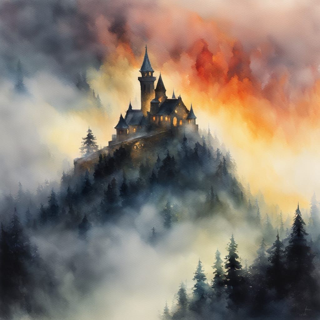 Misty Castle at Dawn: Ethereal Watercolor Painting