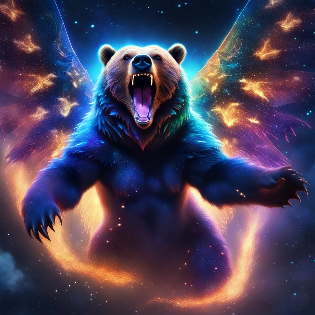 Grizzly Bear with Dragon Wings in Galaxy Sky