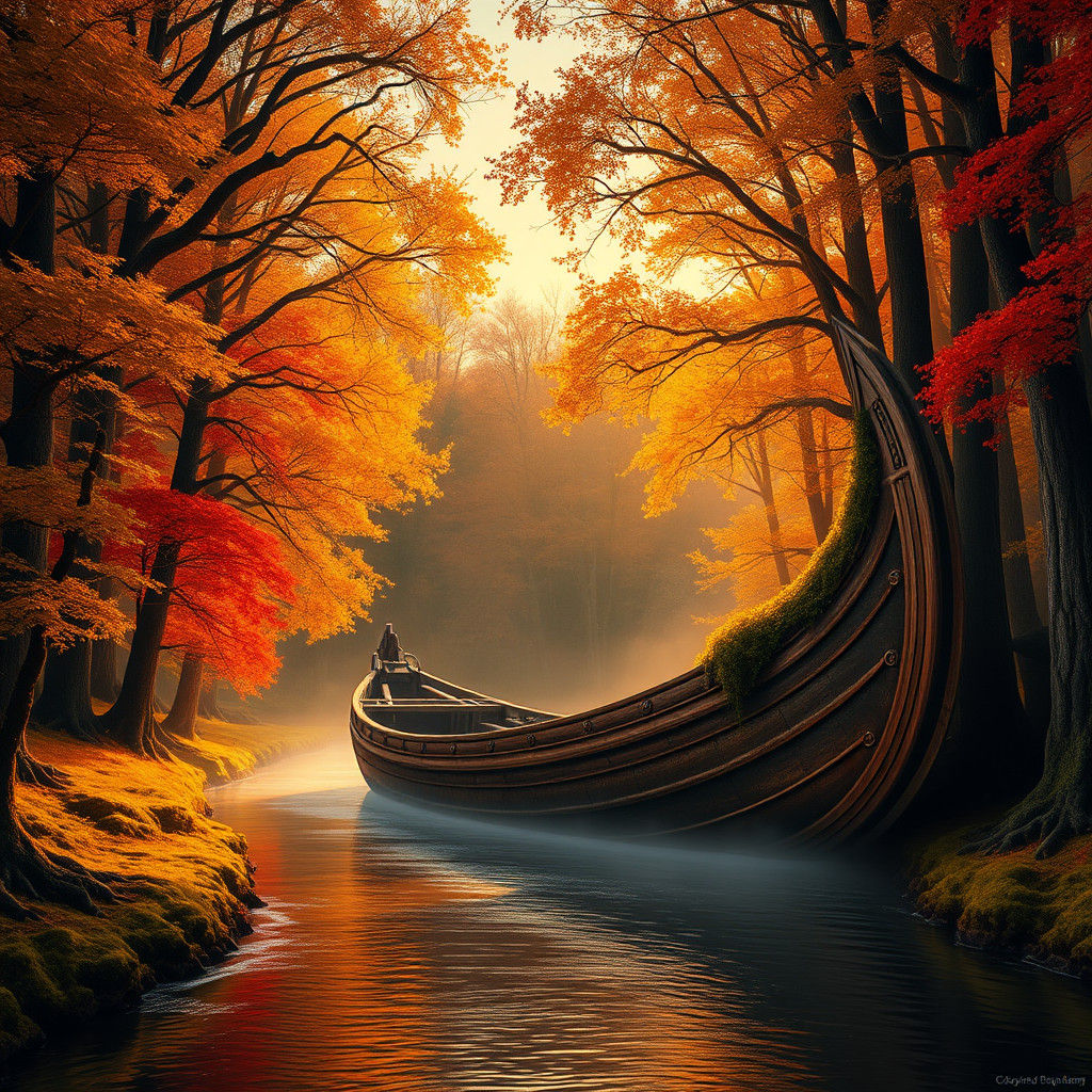 Ornate Boat Among Autumn Trees: Matte Painting