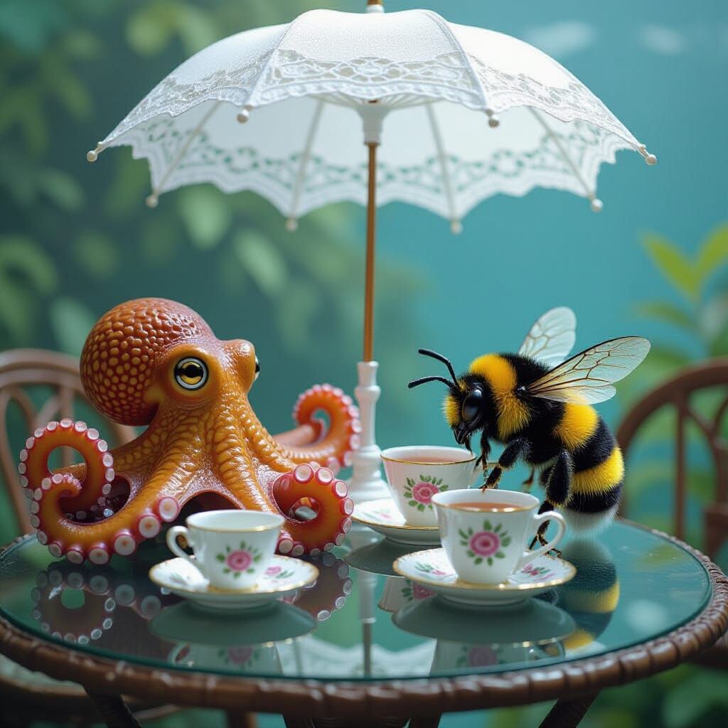 Octopus and Bumblebee Tea Party in Undersea Garden
