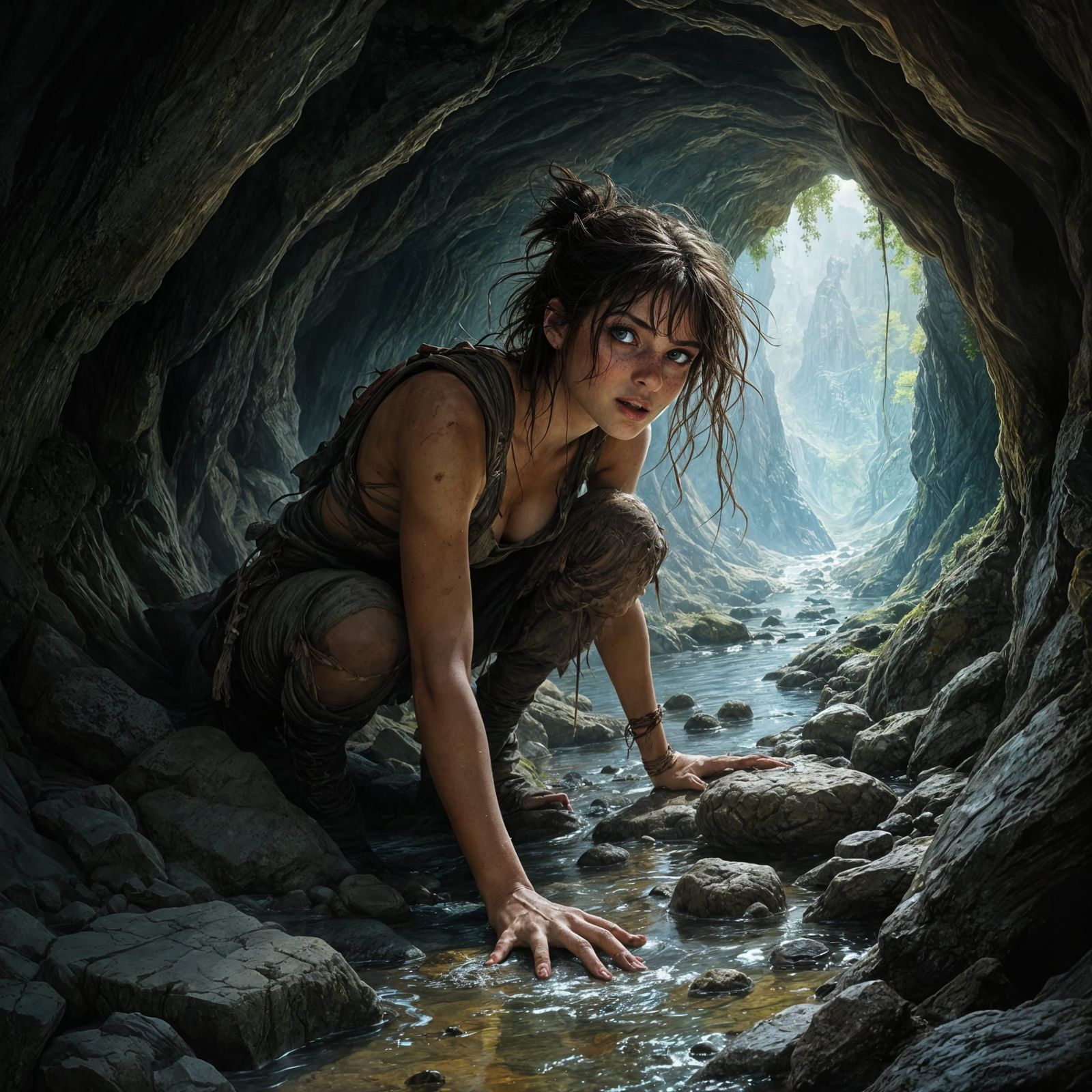 Fairy Tale Adventuress Crawls Through a Cave Tunnel