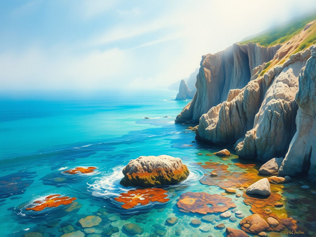 Dreamy Coastal Landscape in Impressionist Watercolor Style
