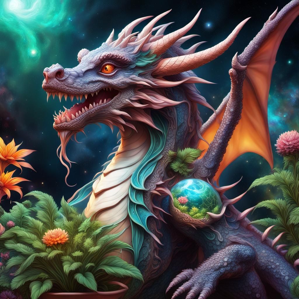 Cosmic Dragon Gardener in Space, Detailed Digital Art