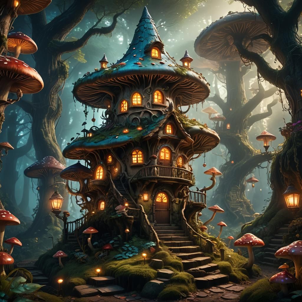 Mystical Mushroom House in Fantasy Matte Painting
