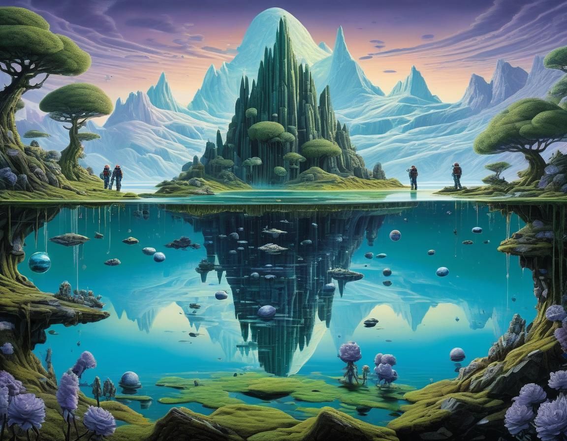 Surreal Alien Landscape with Astronauts and Floating Rocks