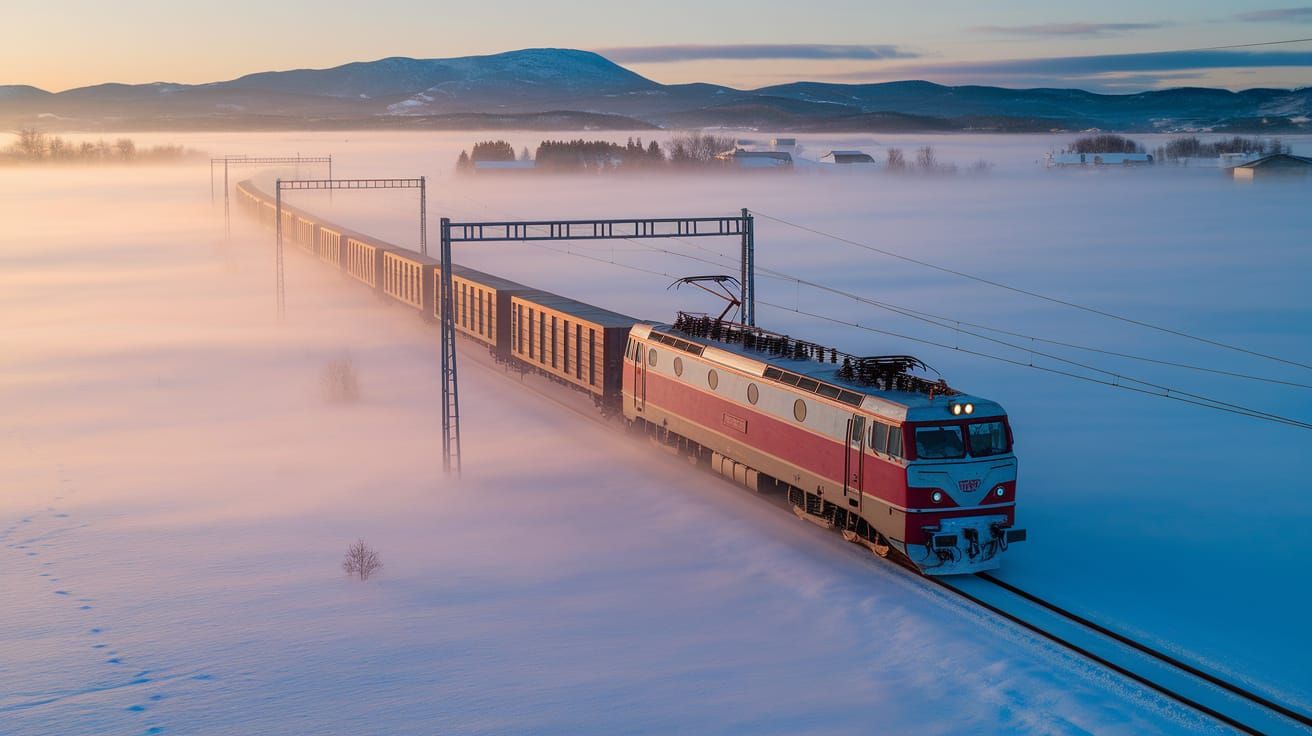 Ethereal Snow Train in Russian Landscape, Aerial View