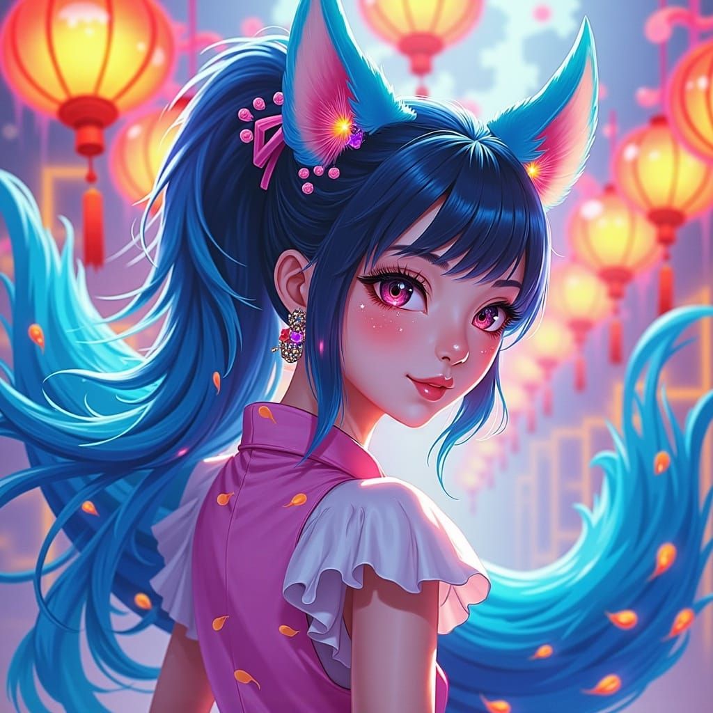 Pastel Cyberpunk Fox Girl Portrait with Peacock Tails