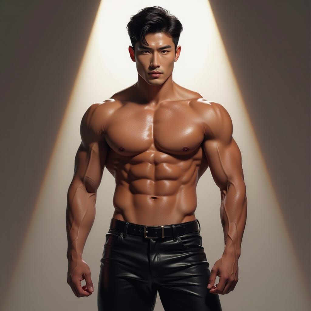 Muscular Korean Man in Shiny Leather Pants