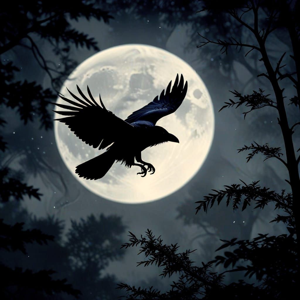 Raven in Flight Against Full Moon by Caravaggio