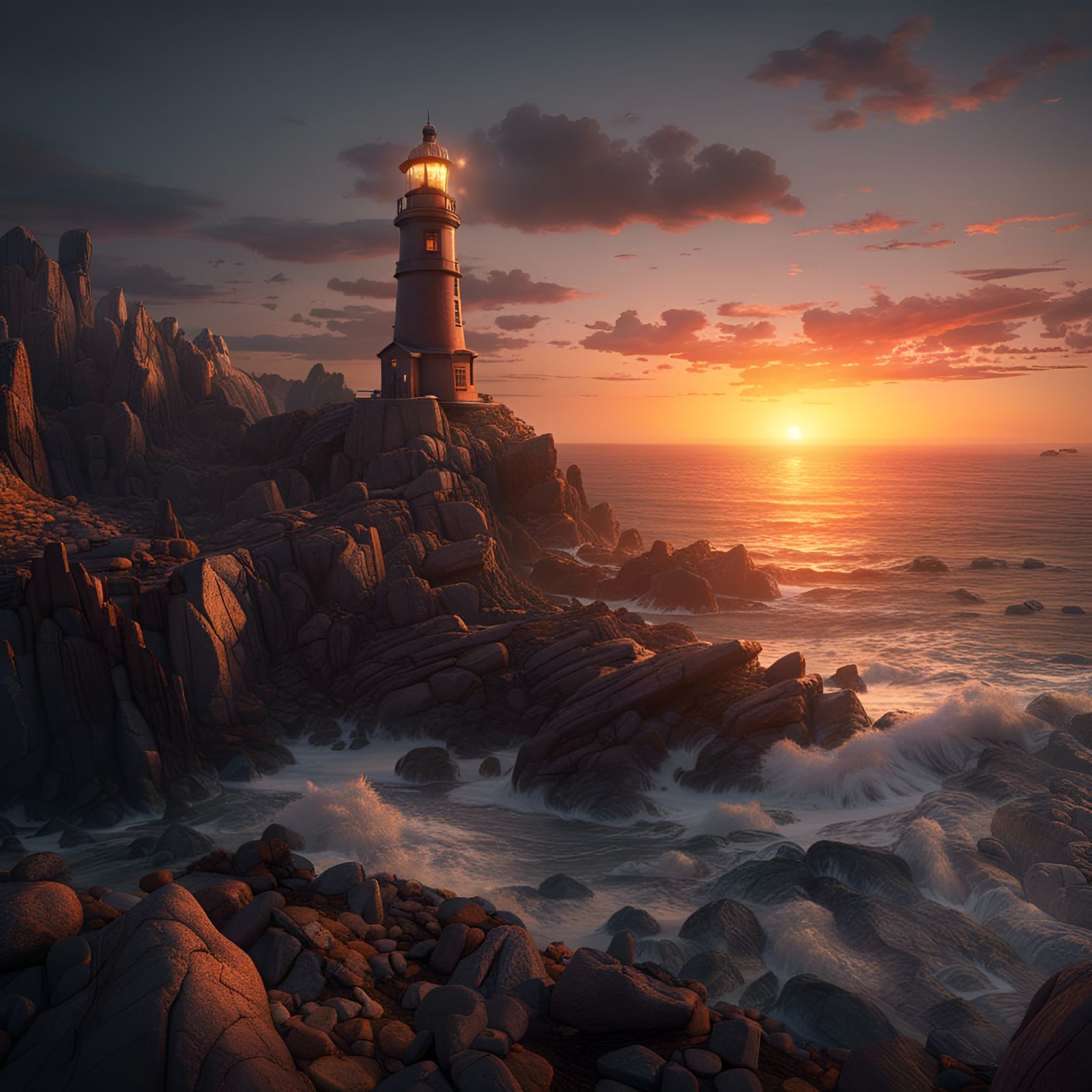 Sunset Lighthouse on Rocky Shore: Matte Painting