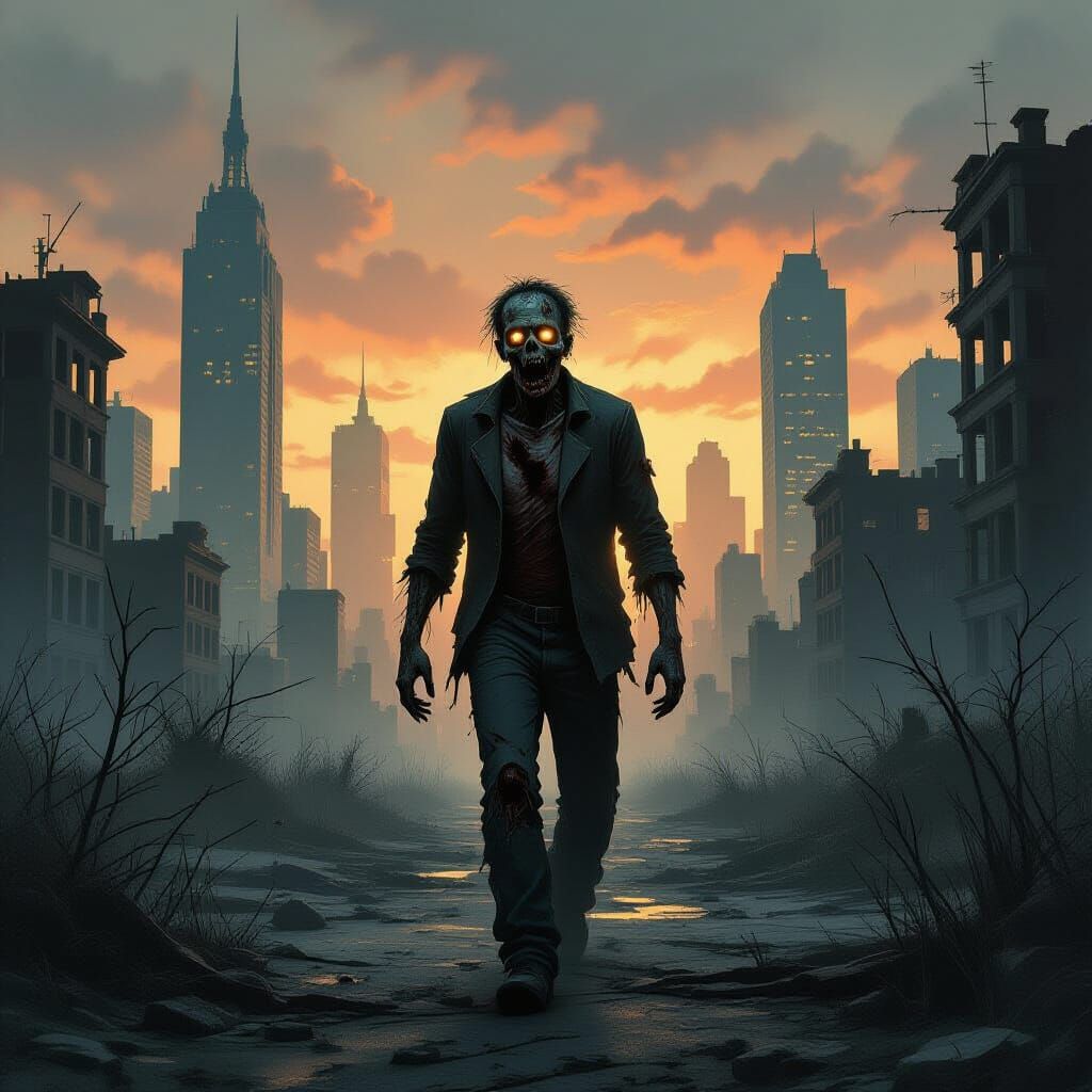 Weathered Zombie in Desolate Cityscape