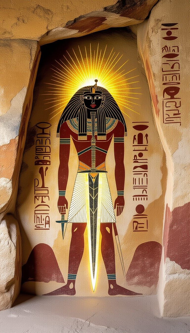 Divine Figure Cave Painting with Luminous Sword Torso