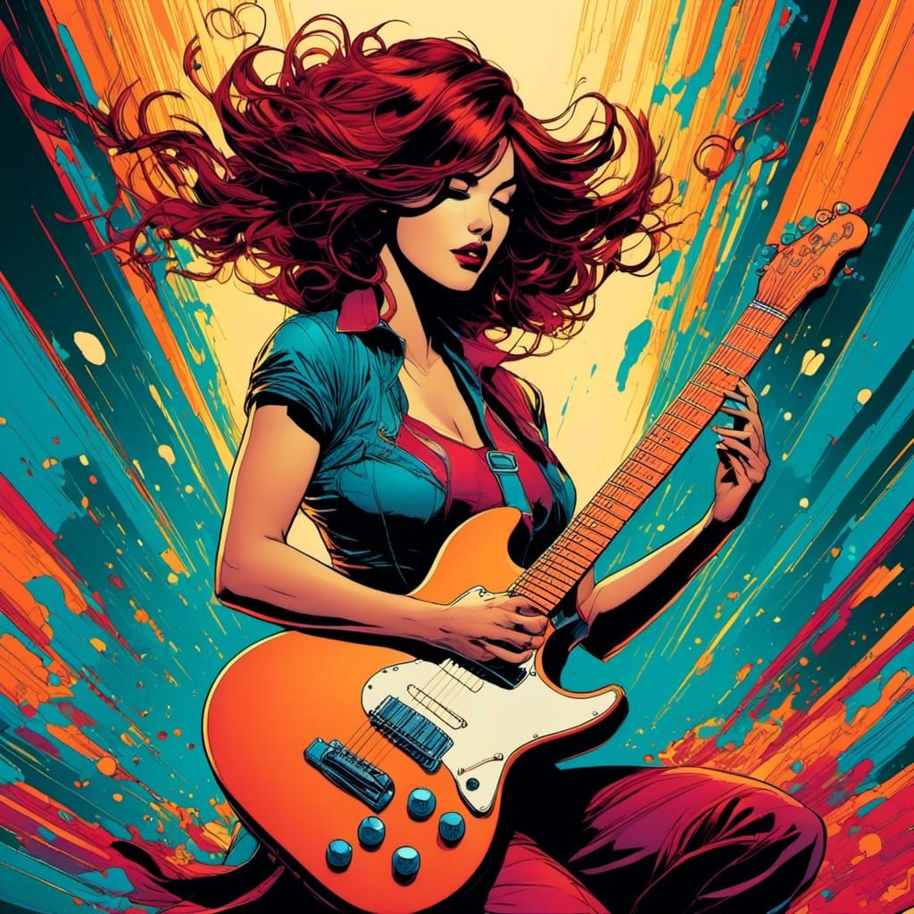 Woman Playing Guitar in Graphic Novel Style