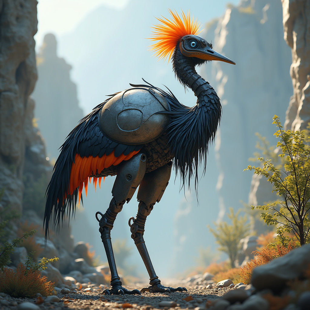 Armored Robot Cassowary in Fantasy Landscape