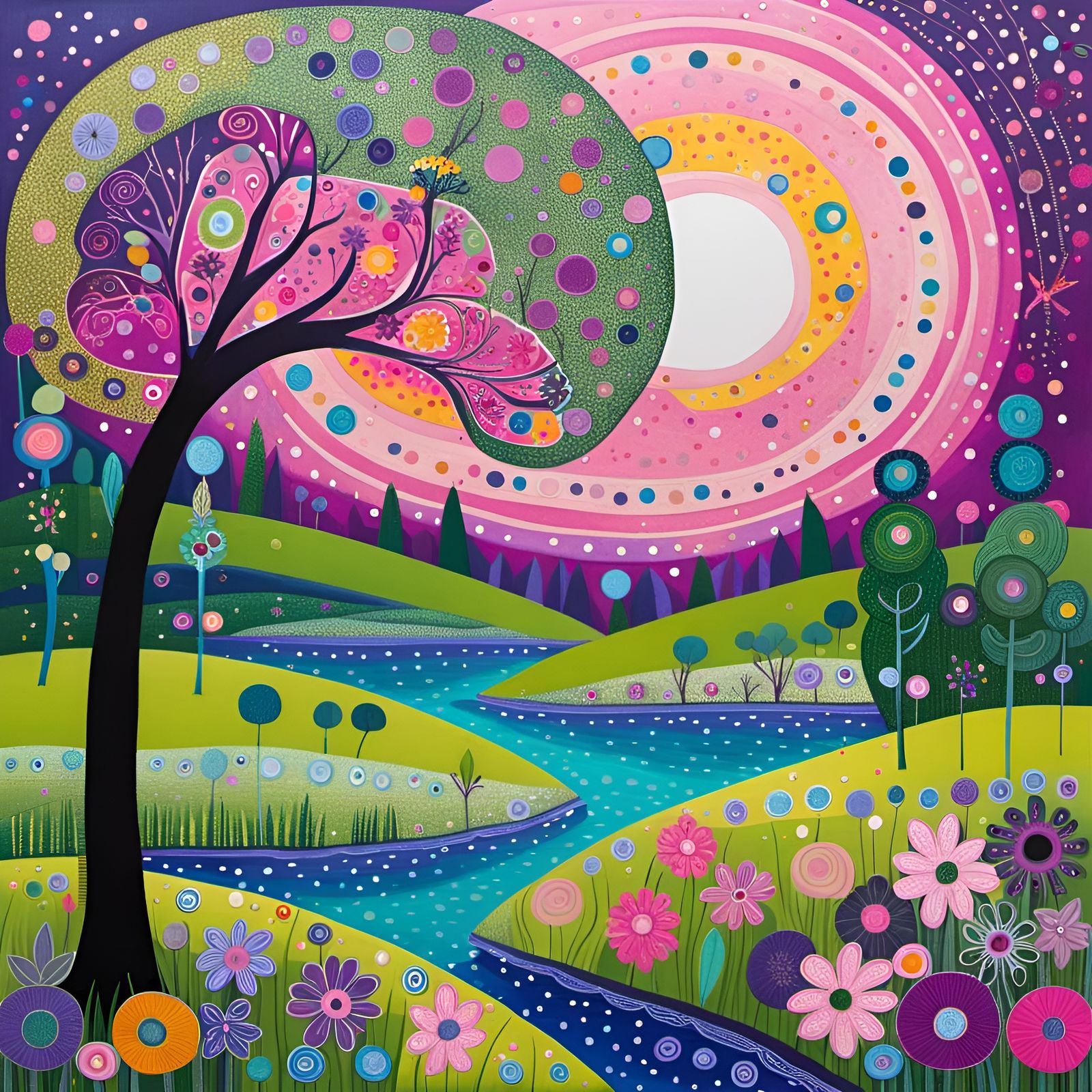 Glittering Art Brut Landscape with Ancient Tree