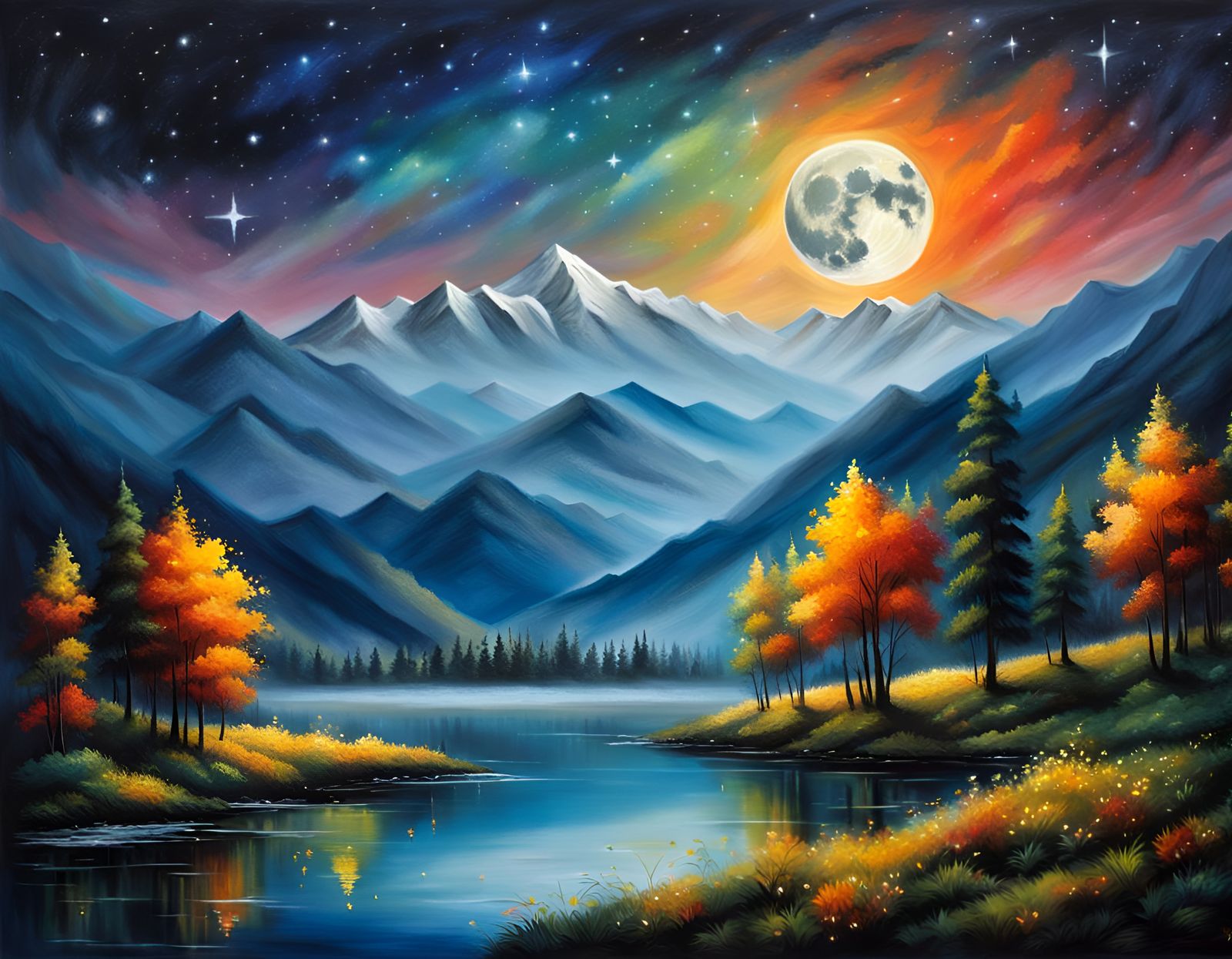 Kashmir Lake Mountain Starry Night Oil Painting
