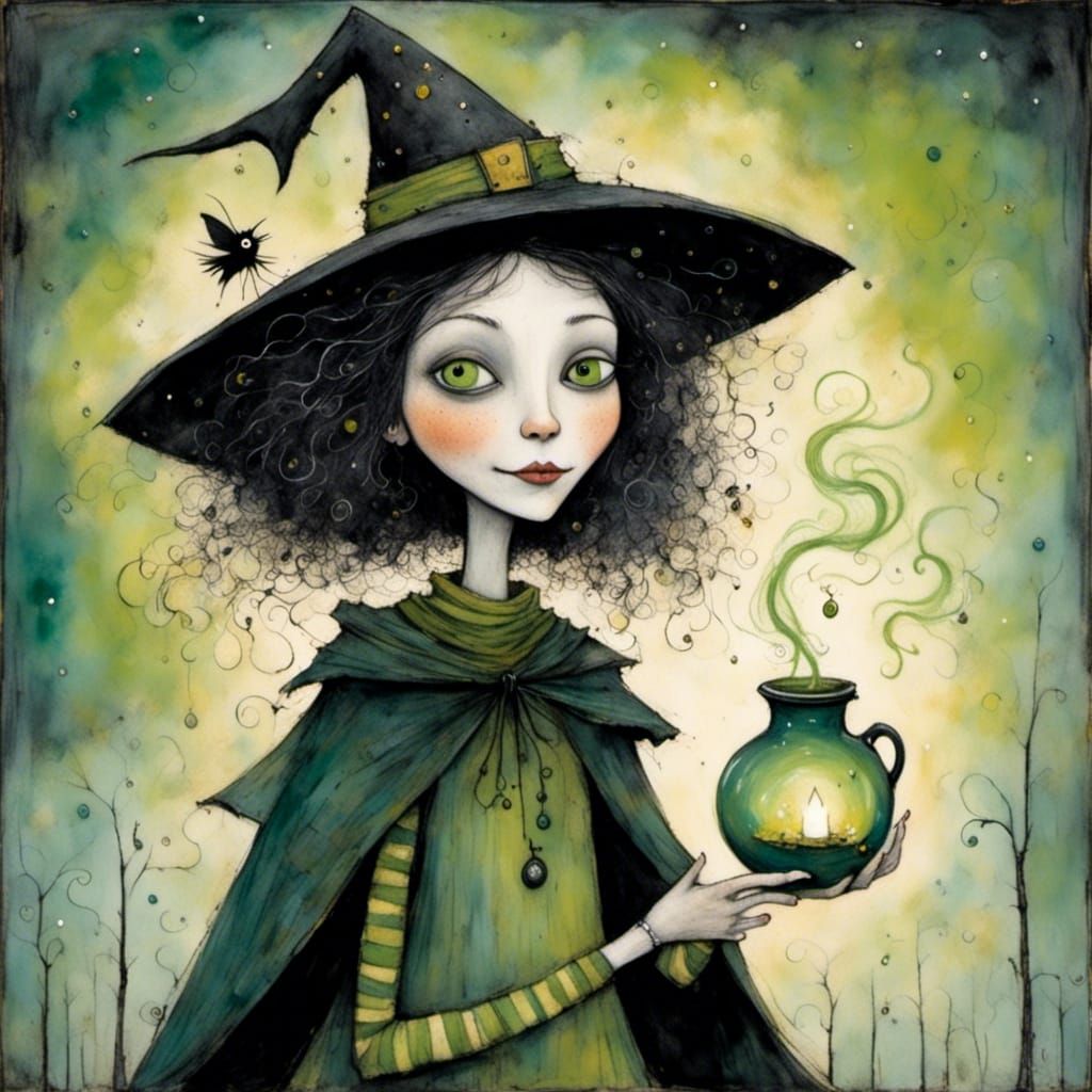 Friendly Witch with Glowing Eyes Holds Bubbling Potion