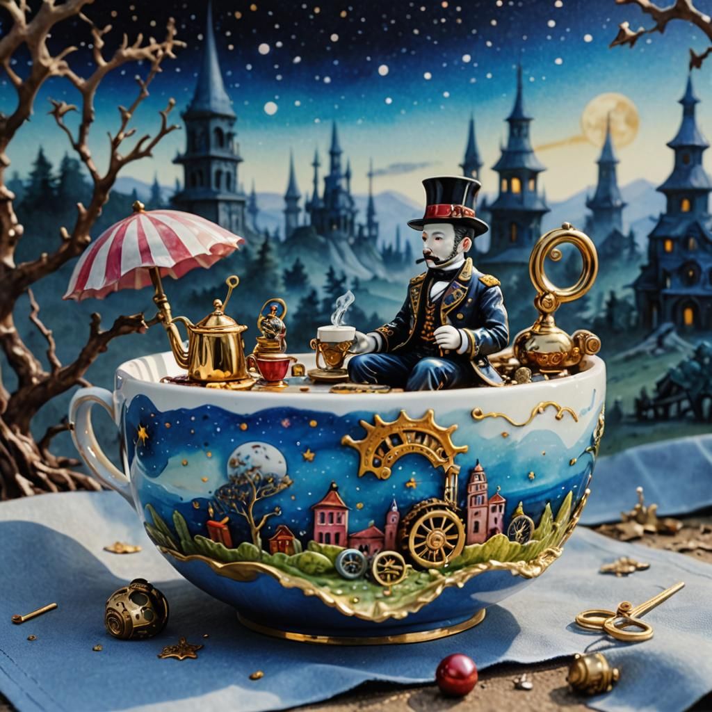 Miniature Man Emerges from Elegant Cup, Watercolor