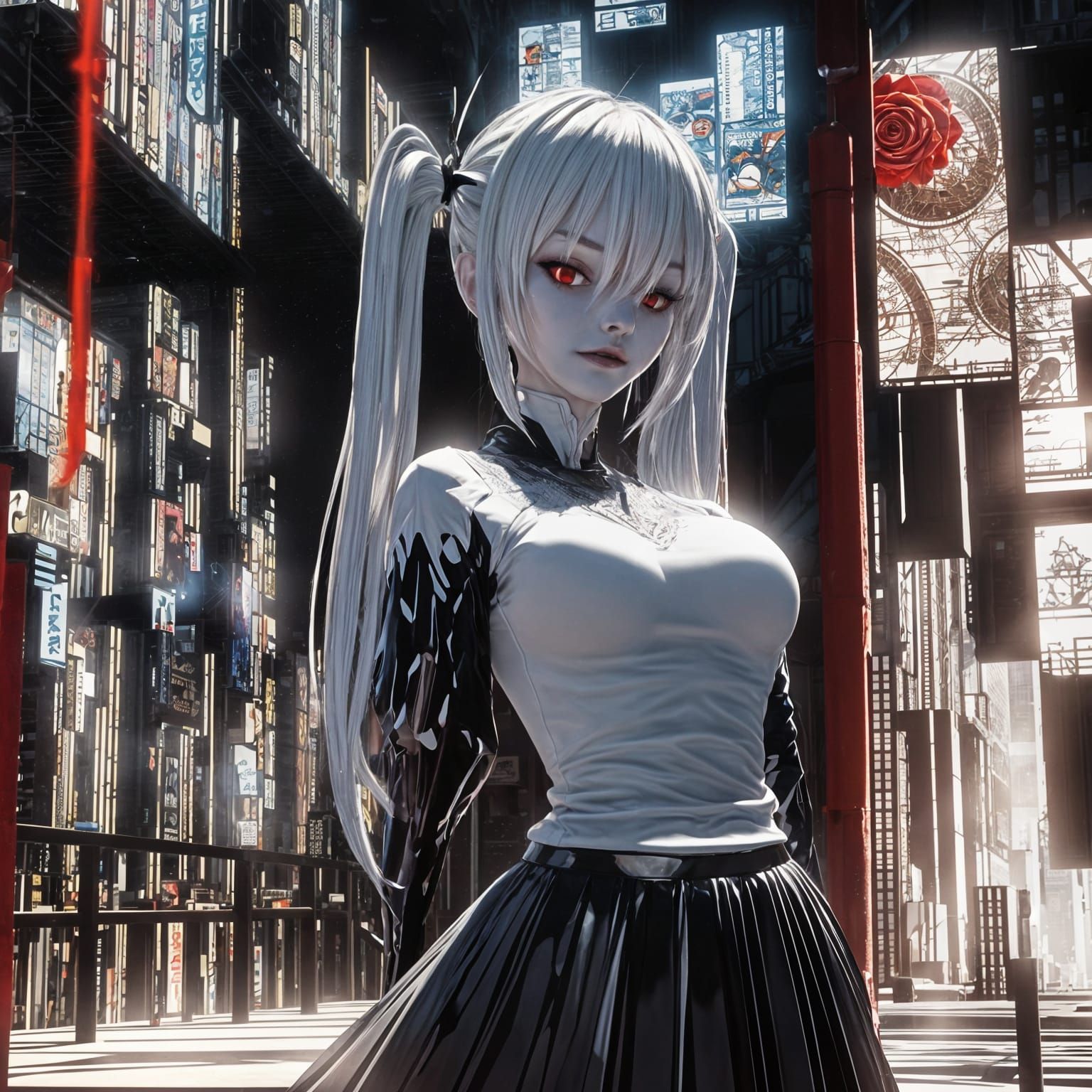 Anime Vampire Girl with Red Eyes in Cityscape