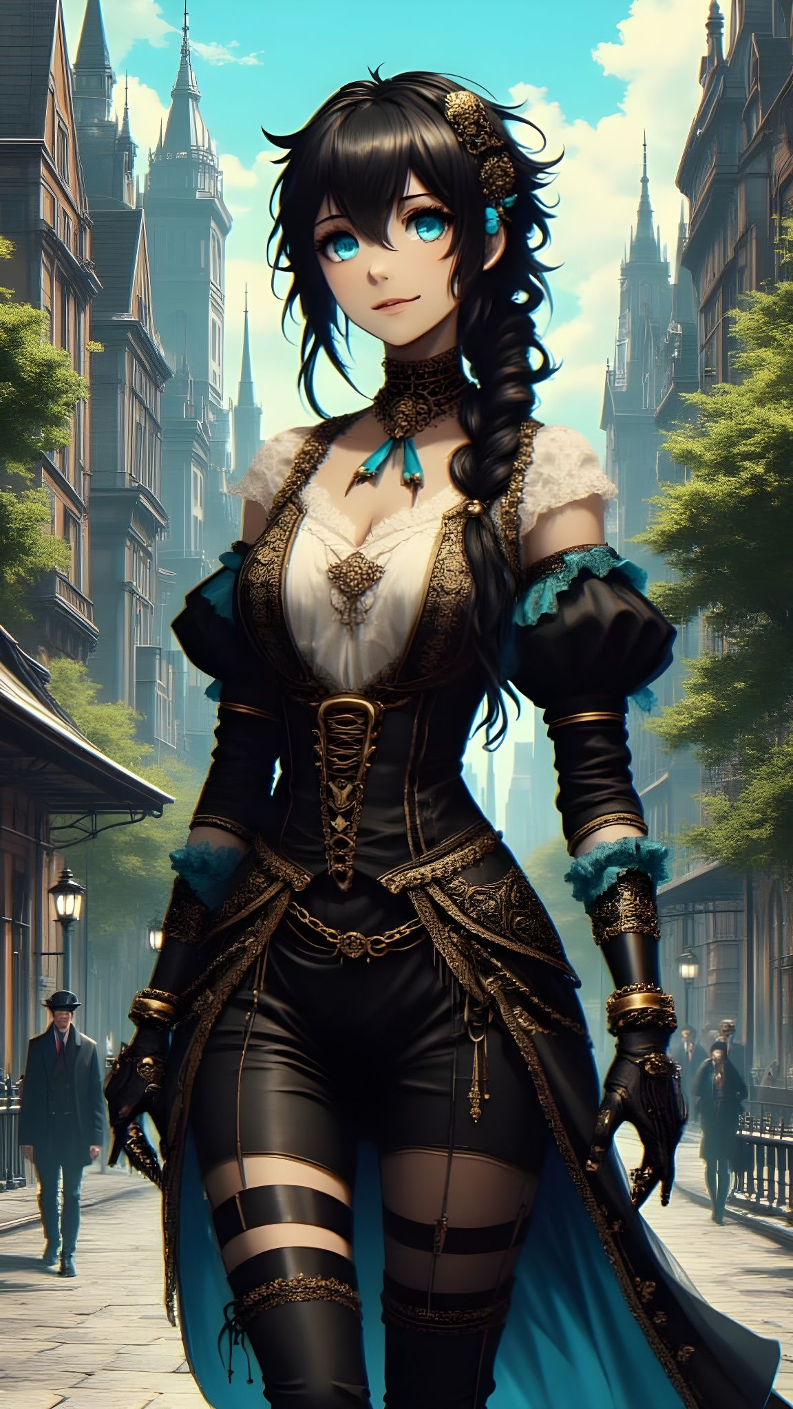 Steampunk Anime Woman in Cityscape