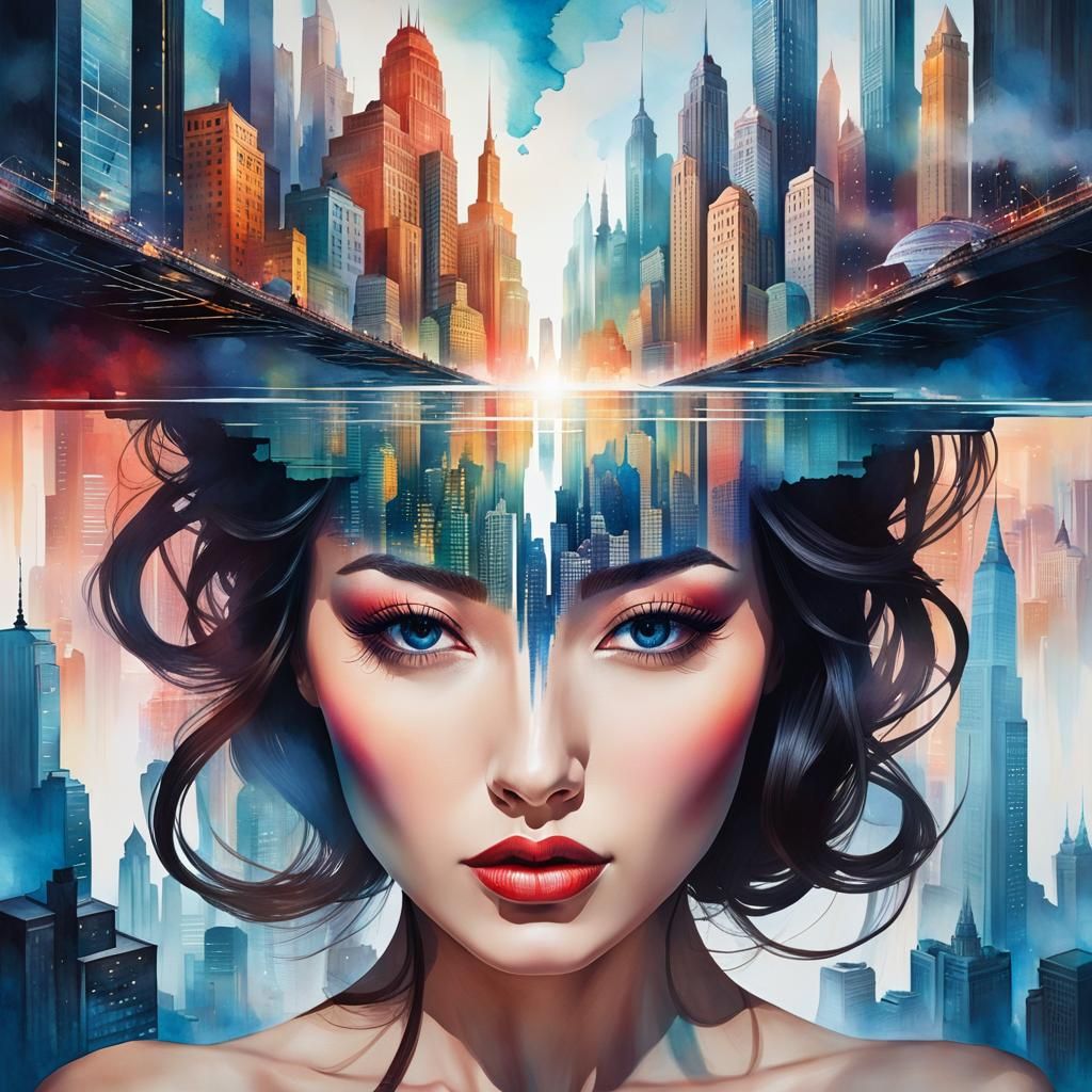 Double Exposure: Woman and Cityscape in Watercolor