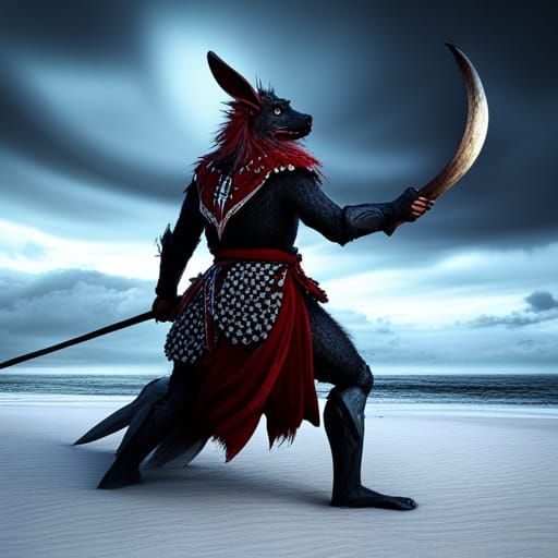 Samurai Rabbit vs Wolf Oni: Dark Fantasy Beach Battle