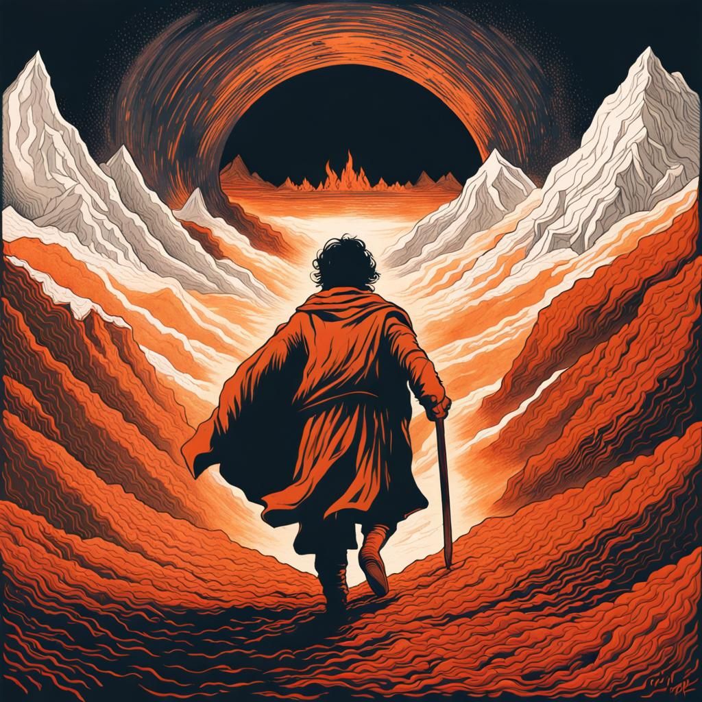 Vibrant illustrations symbolizing unity, resilience, and the triumph of the human spirit.Sam carrying Frodo to mount doo...