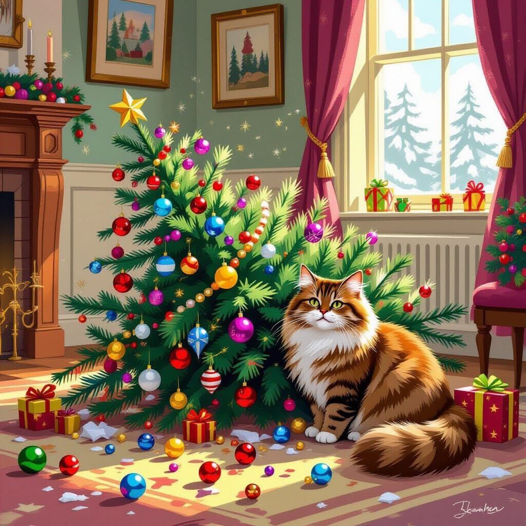 Cat Sits Beside Fallen Christmas Tree & Shattered Ornaments
