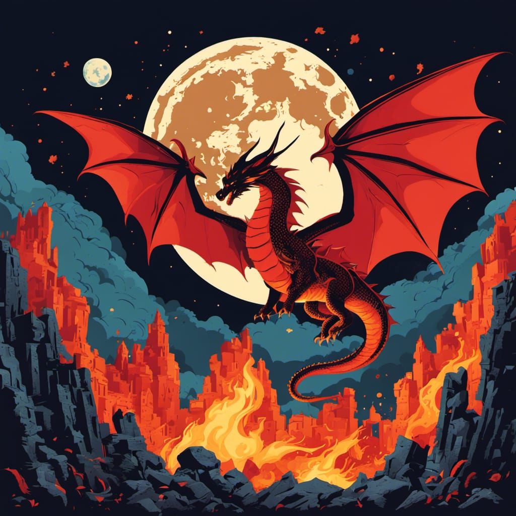 Minimalist Fire Dragon Flying Over Rubble