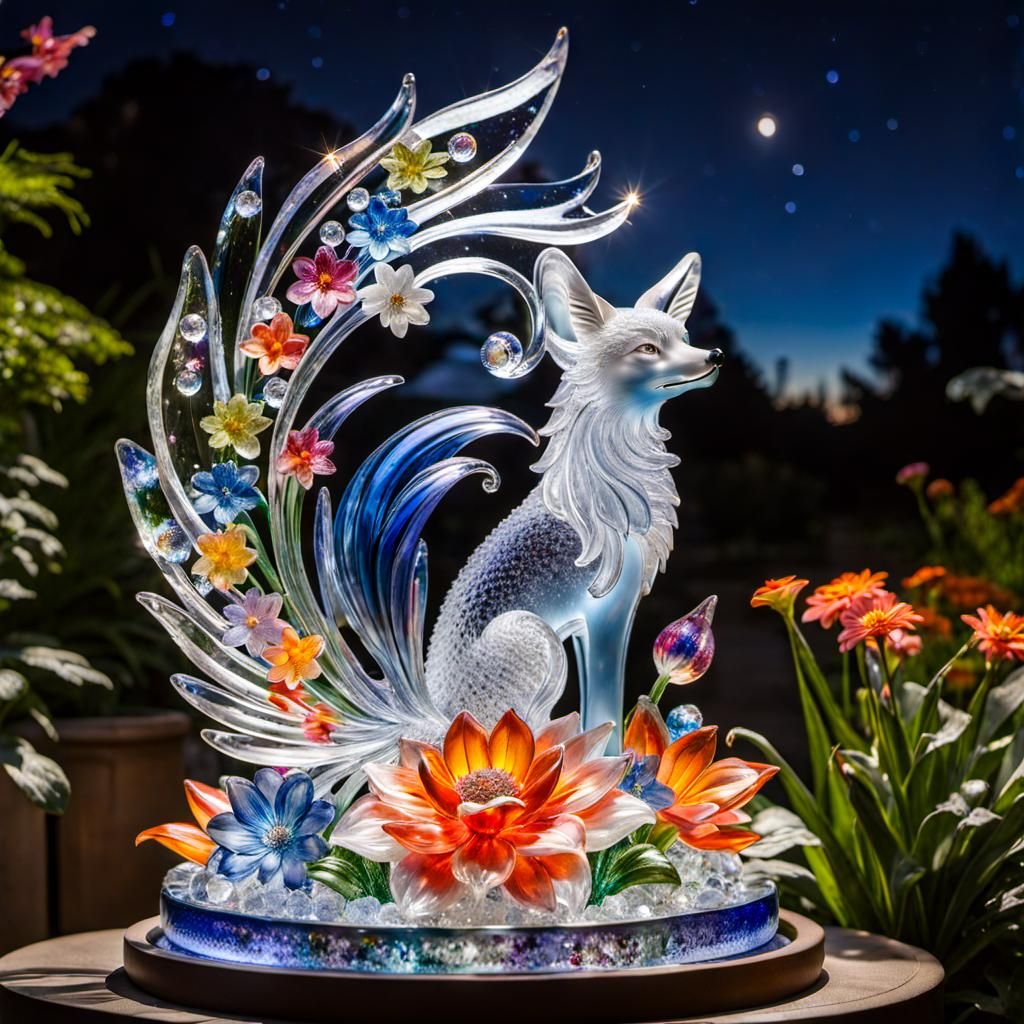 Glass Kitsune with Crystal Flowers in Dreamscape