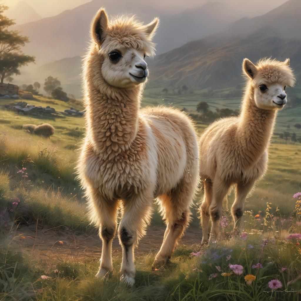 Chibi Llama in Peruvian Pasture, Digital Watercolor