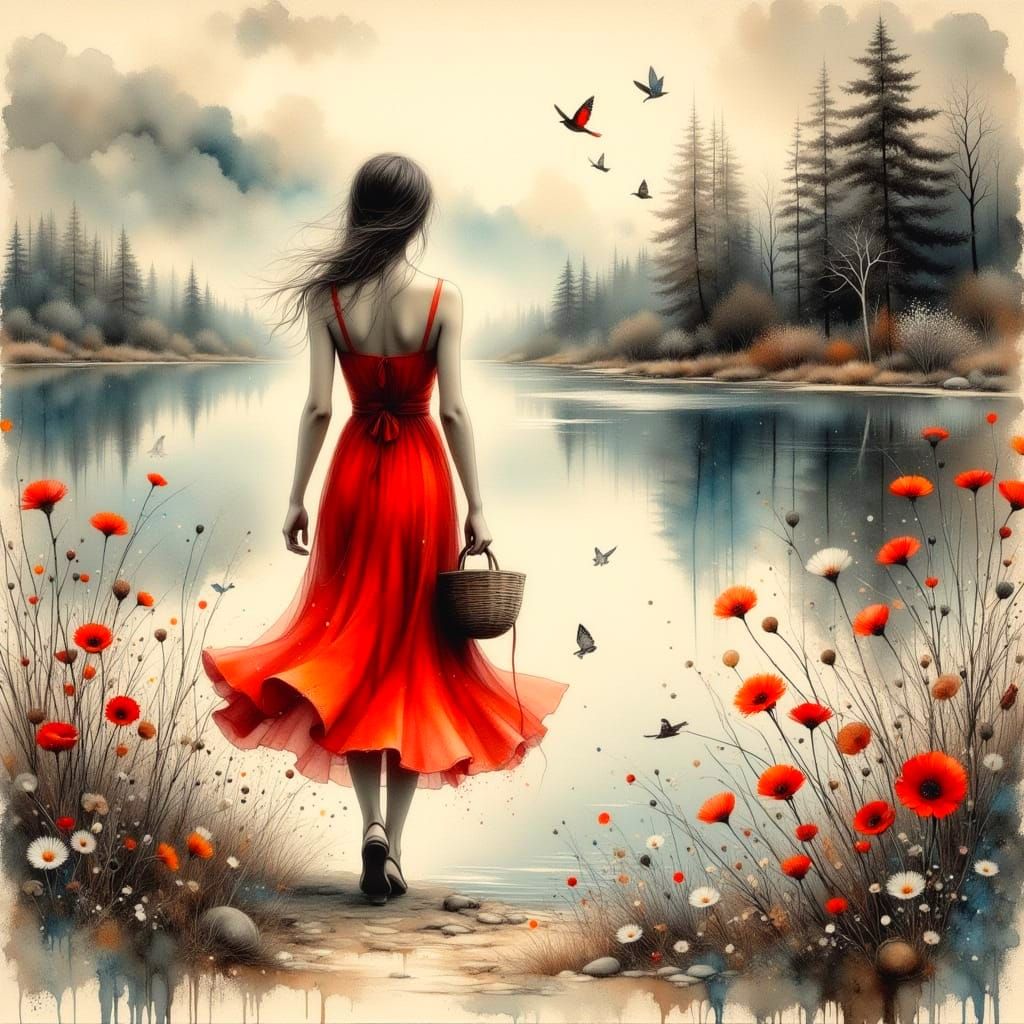 Surreal Charcoal Woman Walks by Tranquil Lake in Red Sundres...
