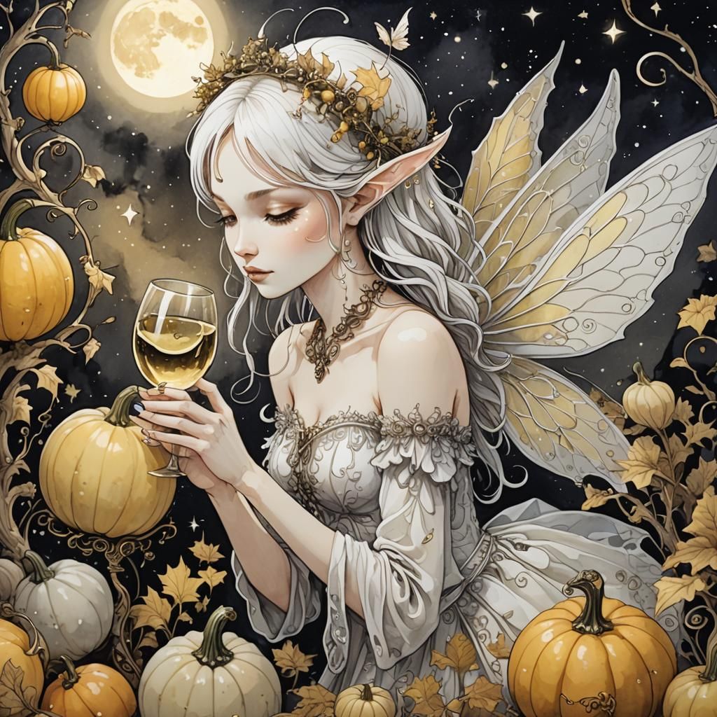 Glowing Fairy Drinking Wine in Ink Wash Painting