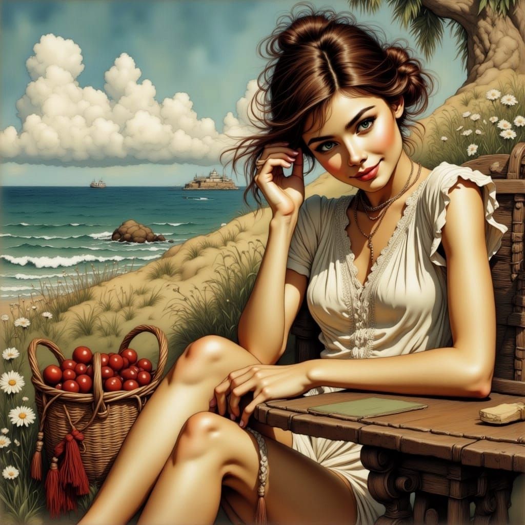 Surreal Fantasy Portrait of a Serene Woman on a Weathered Wo...