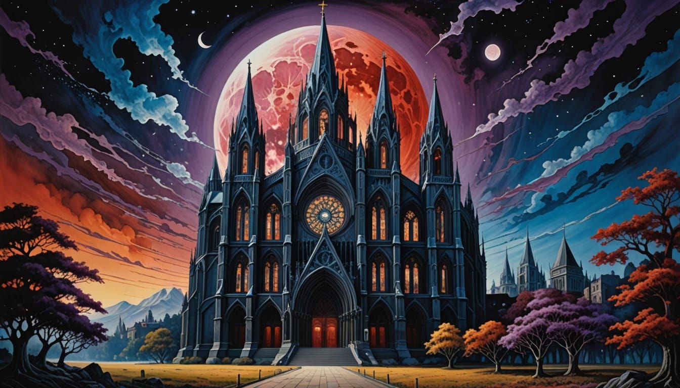 Gothic Cathedral Under Blood Moon in Digital Watercolor