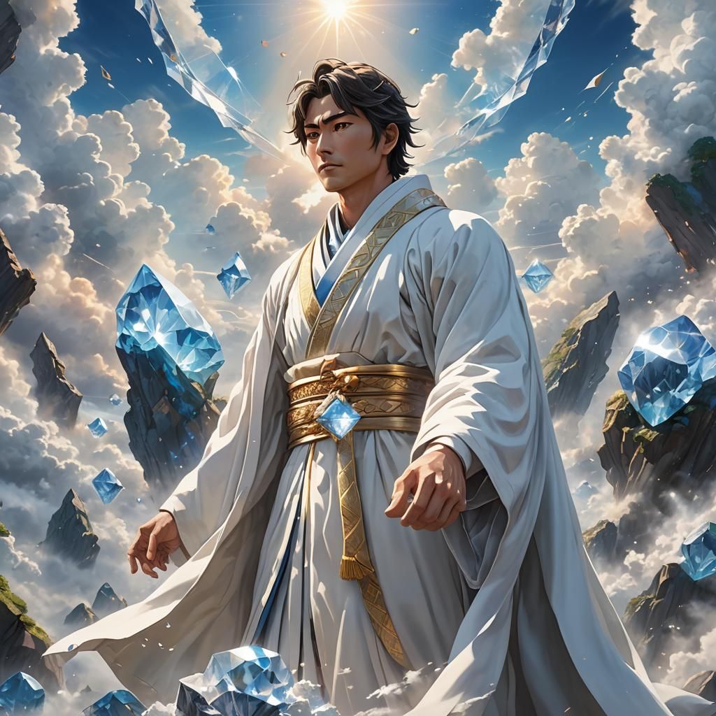 Anime Man on Diamond Peak with Divine Light