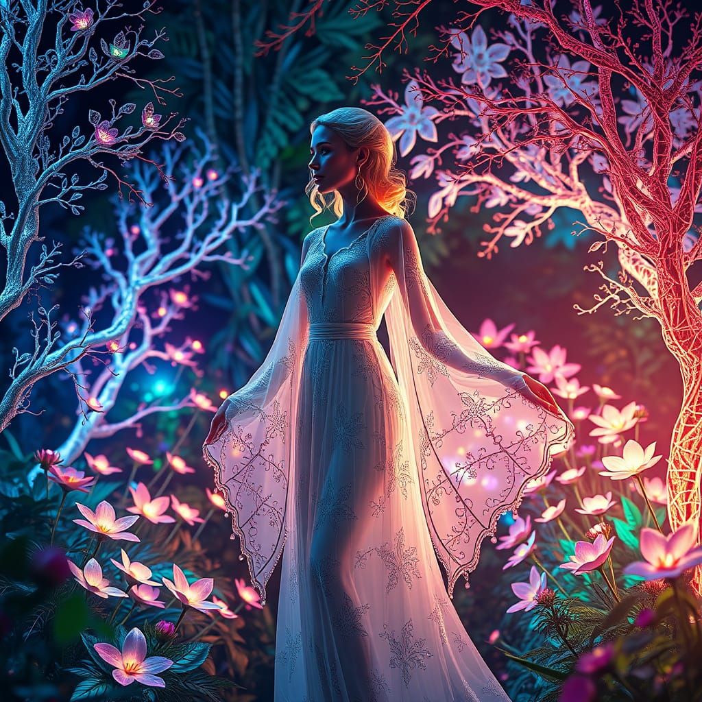 Ethereal Woman in Bioluminescent Garden, Papercut Style