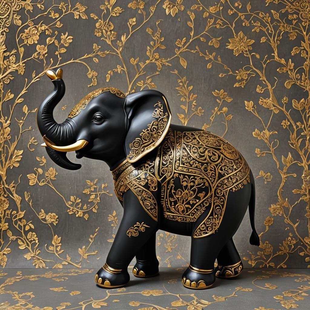 Ceramic Elephant Statue with Gold Inlay