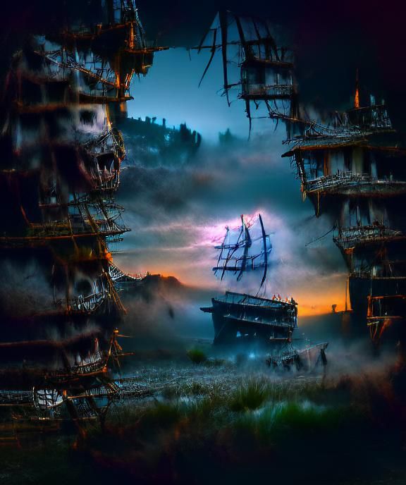 Undead Pirate Ghost Ship at Dusk: Horror Matte Painting