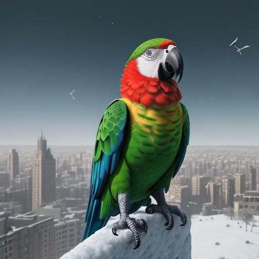 Parrot Flying Over Snowy City in Photorealistic Style