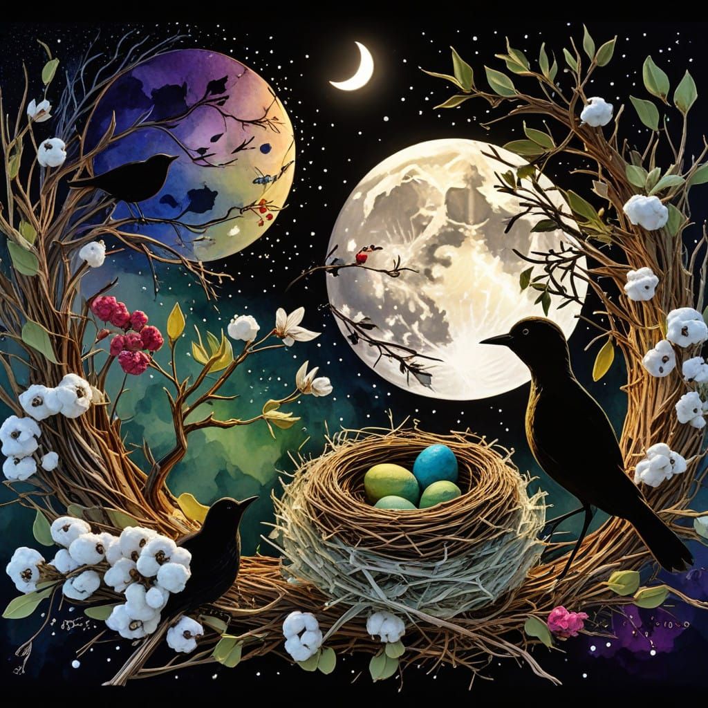 Whimsical Full Moon Scene with Bird Emerging