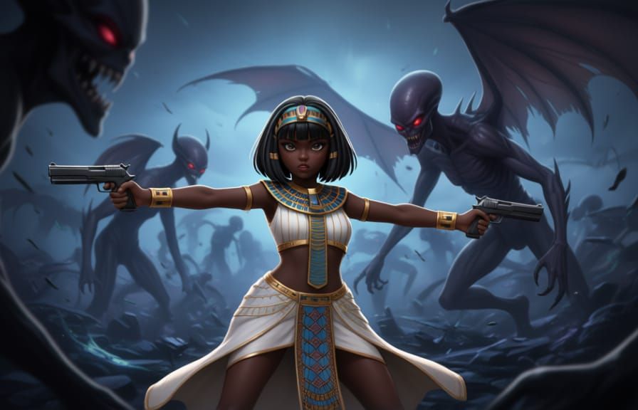 Egyptian Warrior Fights Demons in Detailed Anime Style