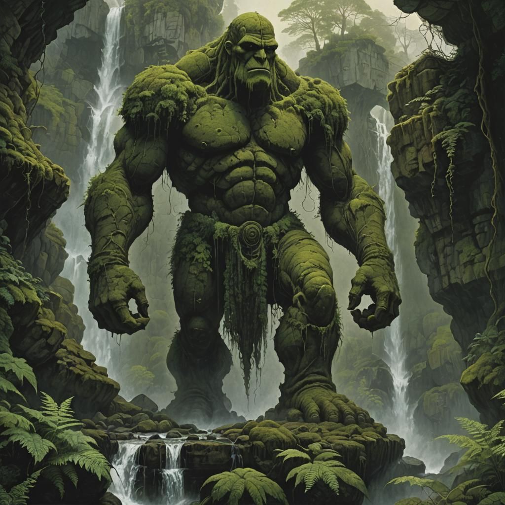 giant colossus+golem holding stone+sword; waterfalls backgro...