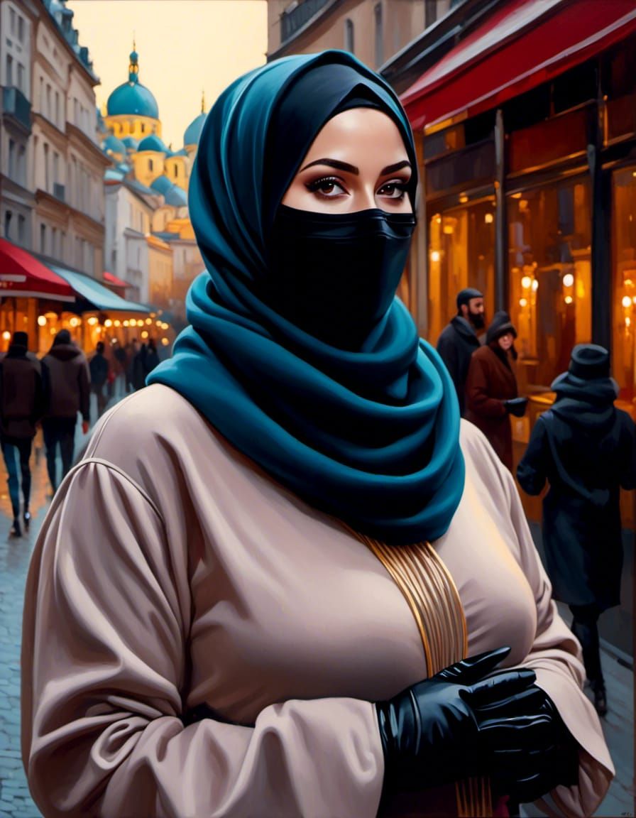 Woman in Hijab and Mask in Cozy City, Oil Painting
