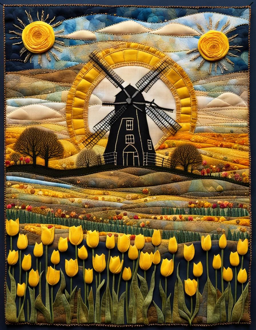 Yellow Tulip Field Fabric Collage with Embroidery