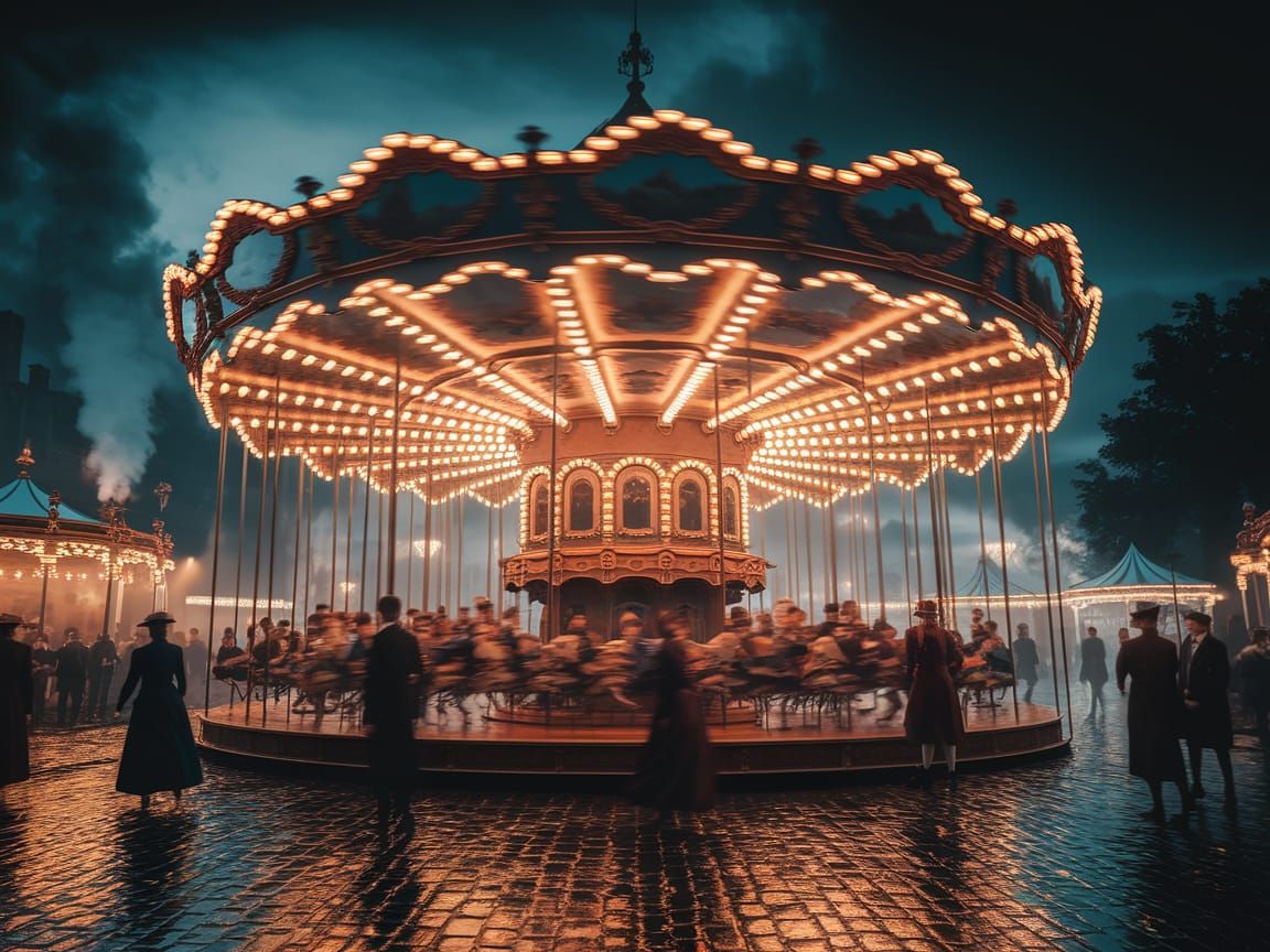 Victorian Fairground Carousel at Night in London