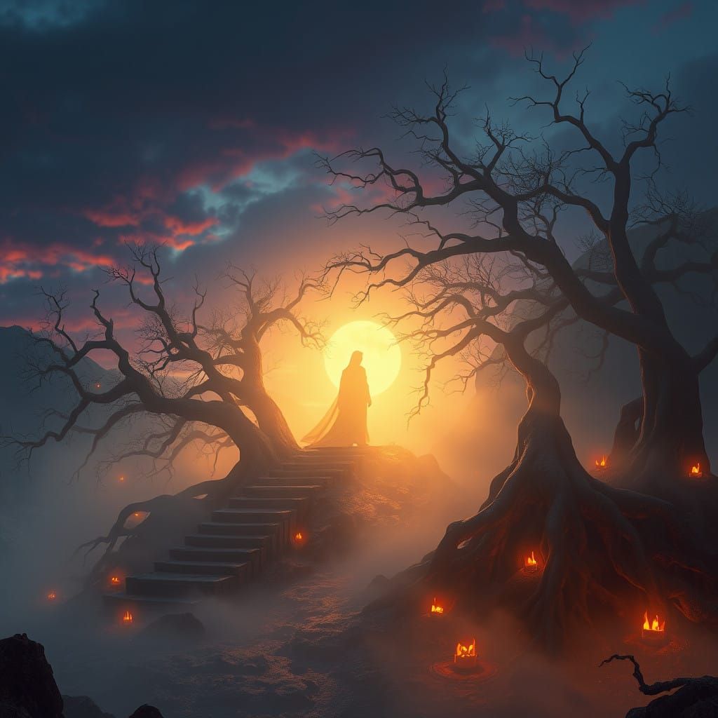 Enchanting Fantasy Realm with Shrouded Figure