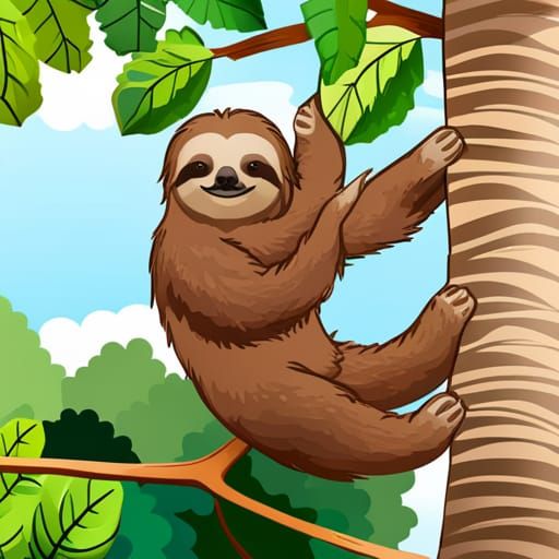 Sloth Eating Leaves Relaxing Against Tree