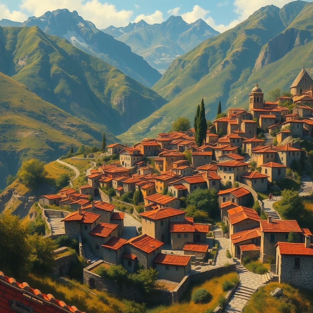 Mountain Village Cascade in Romantic Style