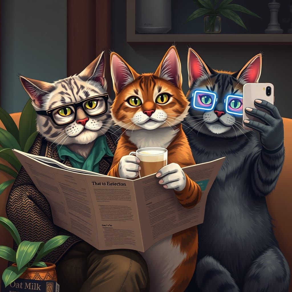 Three Cat Generations in Digital Painterly Style